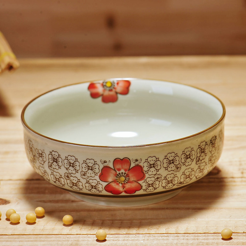 陶瓷碗创意餐具 日式釉下彩手绘沙拉碗5.5英寸 矮脚米饭碗 大红花