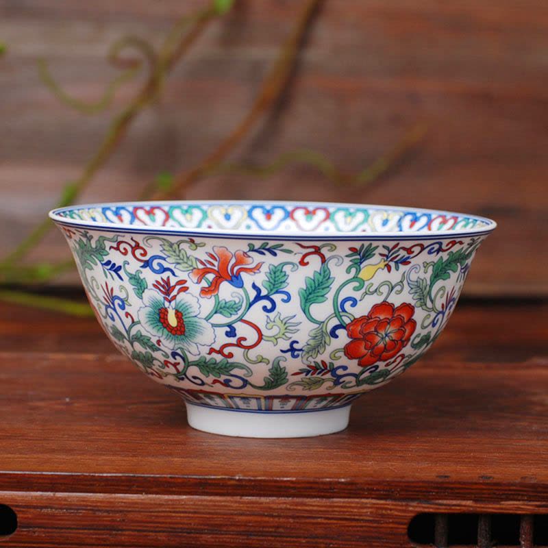景德镇高白陶瓷 5.5英寸中式骨瓷高脚碗具米饭碗斗彩万花图片