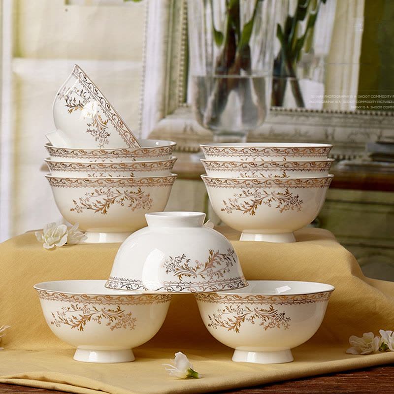 景德镇陶瓷碗 4.5英寸高脚碗 防烫米饭碗 骨瓷餐具十个套装碗 天鹅湖图片