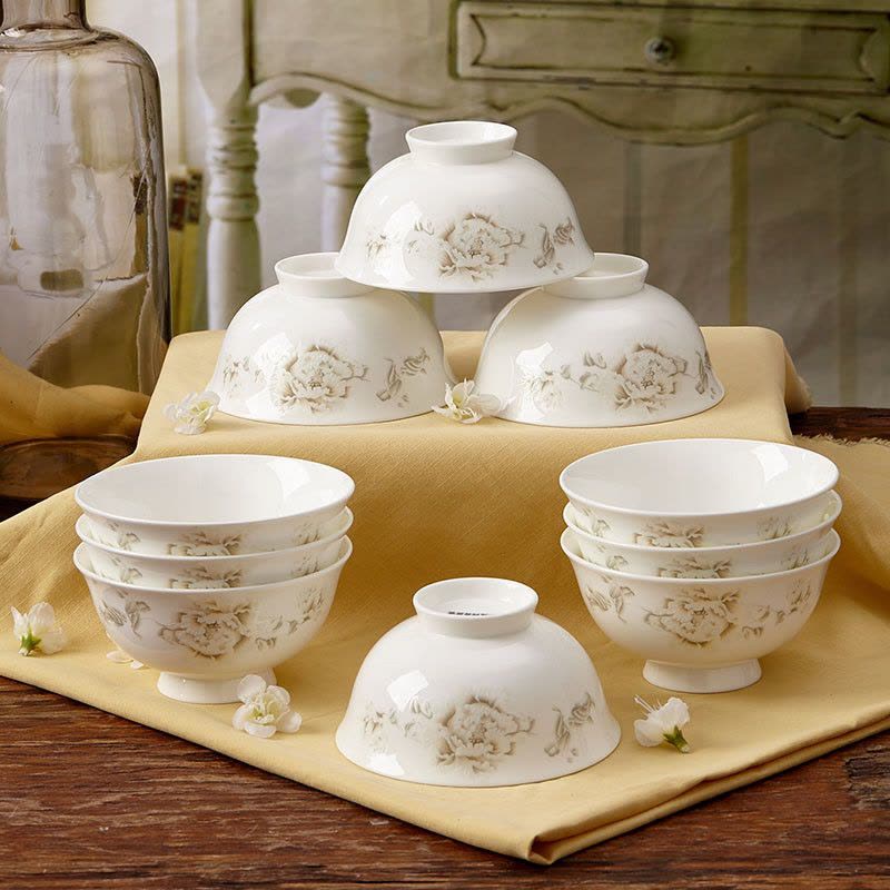 景德镇陶瓷碗 4.5英寸高脚碗 防烫米饭碗 骨瓷餐具十个套装碗 天鹅湖图片