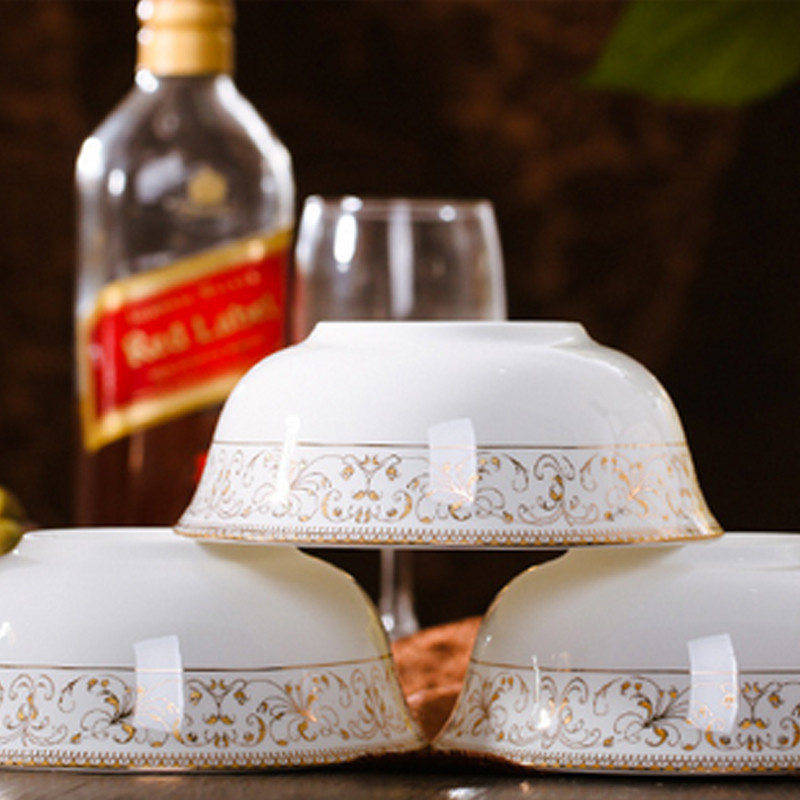 景德镇陶瓷 餐具套装骨瓷碗 6英寸面碗 中式汤碗 四个套装 金色玫瑰