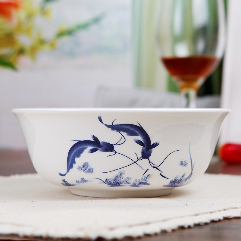 景德镇陶瓷面碗6英寸骨瓷碗反口面碗青花瓷大饭碗礼品碗 年年有余