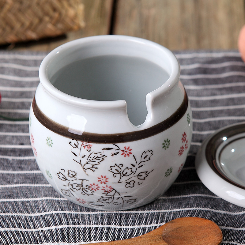 风源创意日式陶瓷糖罐盐罐套装手绘釉下彩调味罐仿古青釉和风送小白勺唐草