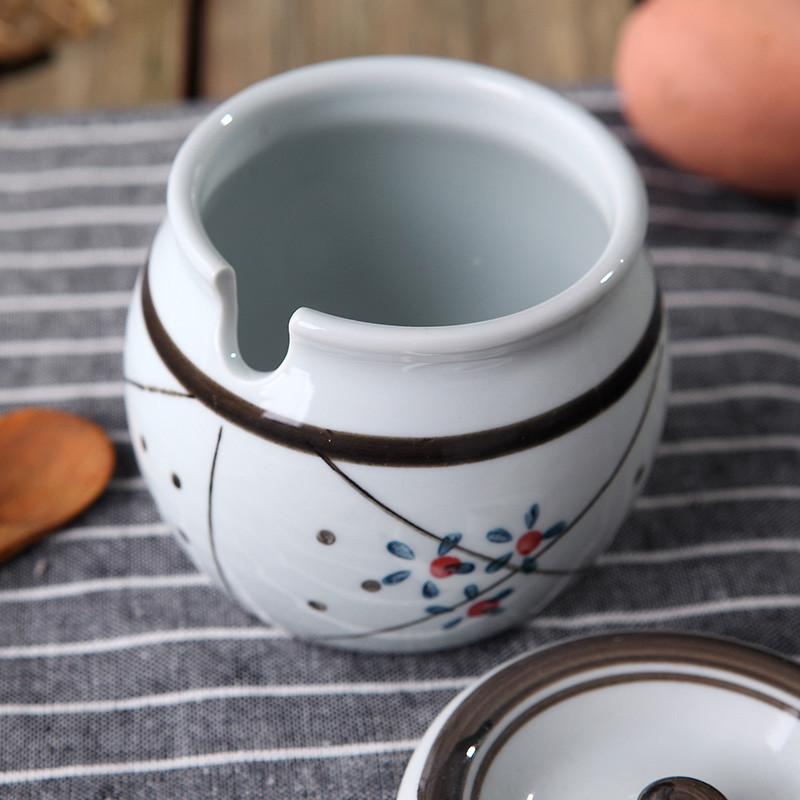 创意日式陶瓷糖罐盐罐套装手绘釉下彩调味罐仿古青釉和风送小白勺篮彩