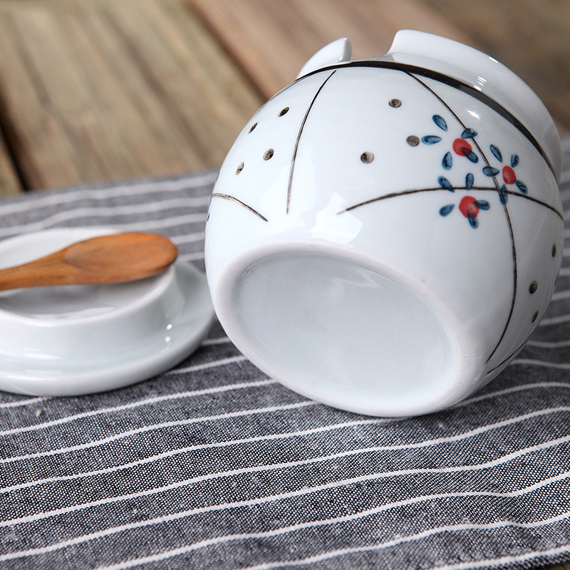 创意日式陶瓷糖罐盐罐套装手绘釉下彩调味罐仿古青釉和风送小白勺篮彩