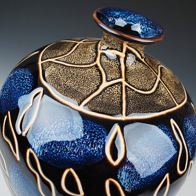 创意陶瓷花瓶现代工艺品客厅家居装饰摆件仿古窑变釉插花花器送底座