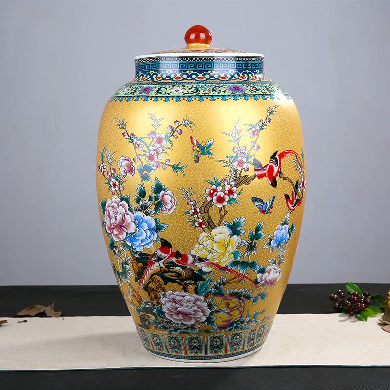 风源陶瓷米缸带盖米桶储米茶叶罐油缸水缸泡菜缸(百鸟朝凤 红色 20斤)图片