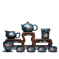 全手工茶壶套组 宜兴紫砂茶具原矿墨绿泥花开富贵西施壶礼品（豪华八件套）