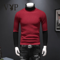 花花公子贵宾毛衣男韩版潮流修身圆领毛线衫2018秋季新款青年套头假两件针织衫