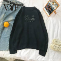 花花公子贵宾情侣装秋冬2018新款韩版宽松刺绣针织衫学生圆领套头百搭情侣毛衣