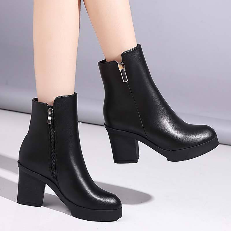 麦瑞思(mar pairs)女士马丁靴型号 秋冬高跟女靴粗跟圆头中筒靴厚底女