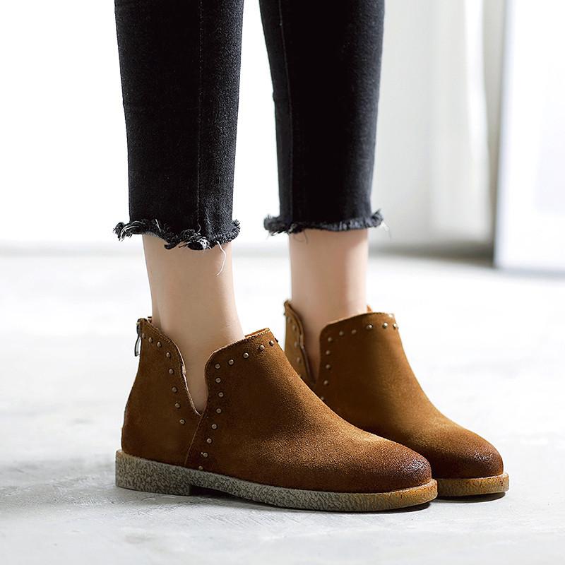 欧洲站翻毛皮短靴女秋冬季2019新款百搭磨砂平底裸靴圆头软底靴子mar
