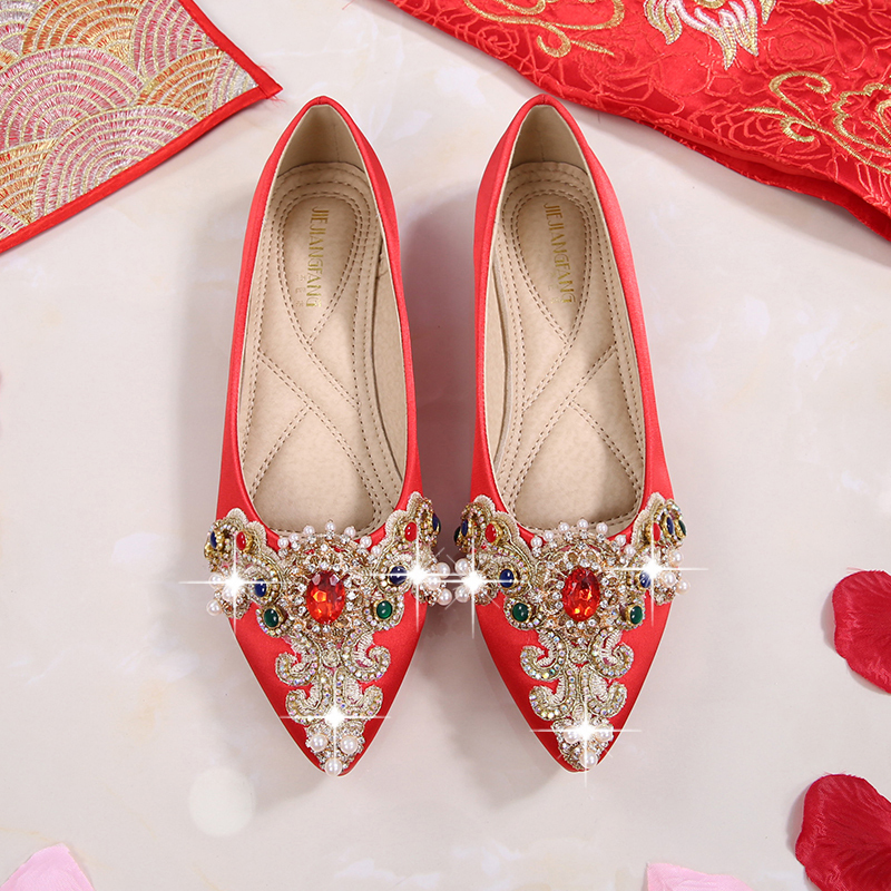 婚鞋女2019冬季新款平底秀禾婚礼鞋红鞋红色高跟新娘鞋中式结婚鞋mar