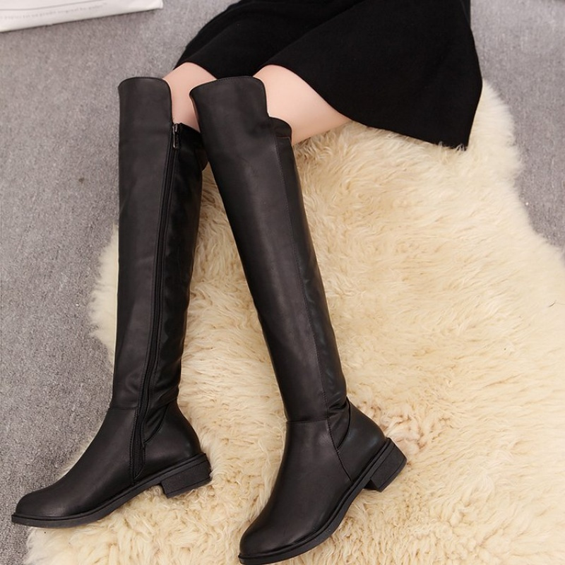 秋冬新款长靴女平底侧拉链大码粗跟女靴过膝靴长筒显瘦皮靴棉靴子mar