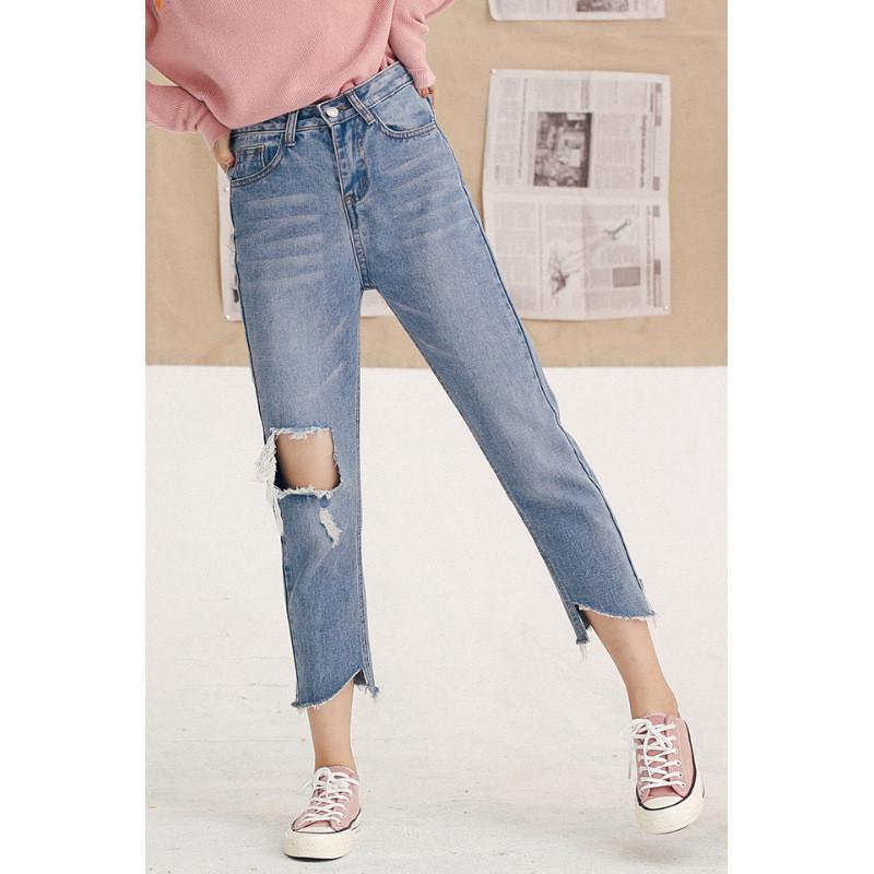 蜜妃儿秋新款不规则裤脚破洞高腰牛仔九分裤女显瘦学生直筒裤