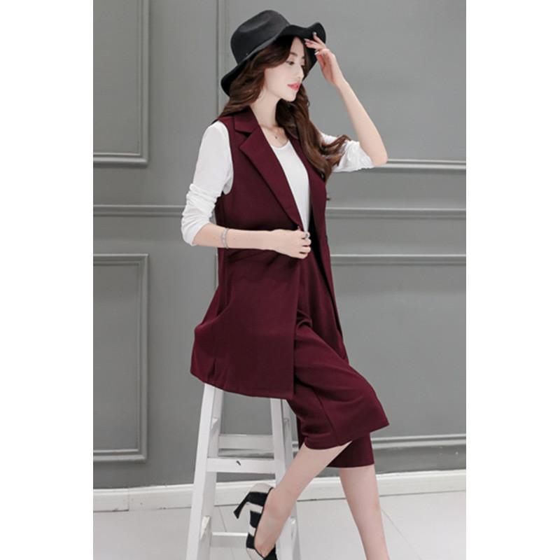 秋装西装马甲阔腿裤T恤三件套