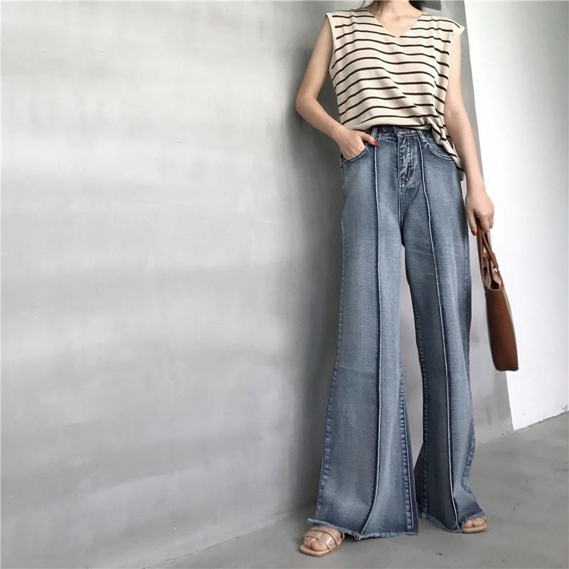 港味复古chic风简约高腰阔腿大喇叭长裤气质水洗做旧显瘦牛仔裤女