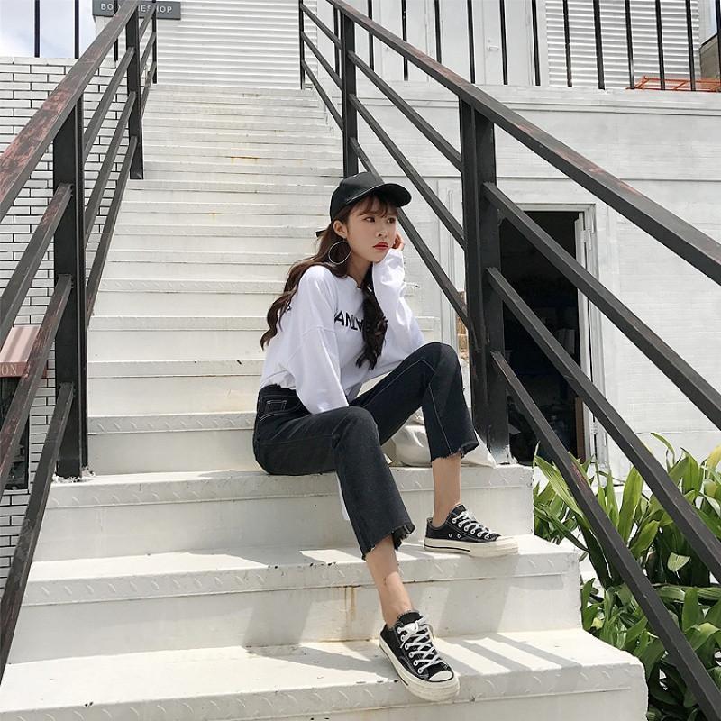 秋季新品韩版chic风~简约直筒显瘦九分裤百搭气质高腰牛仔裤潮女