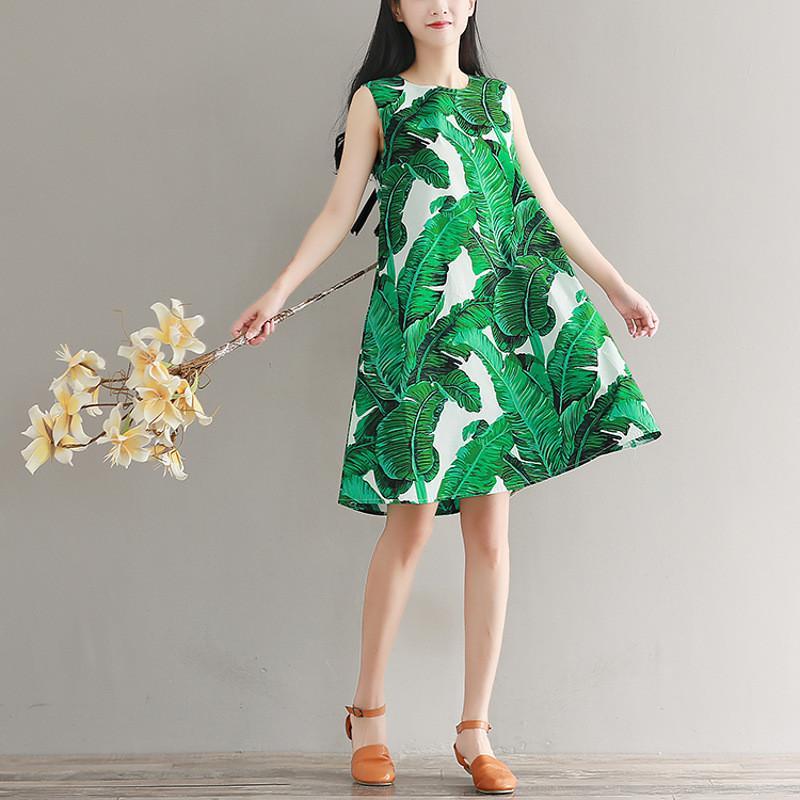 夏装新款文艺小清新印花棉质宽松显瘦度假圆领无袖背心裙连衣裙女