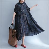 韩版新品宽松大码显瘦衬衫裙文艺大摆碎花立领棉麻连衣裙女长裙夏