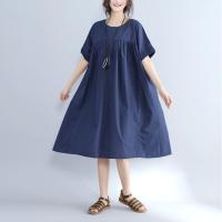 胖mm夏季文艺大码女装纯色宽松显瘦藏肉遮肚子连衣裙加肥加大长裙