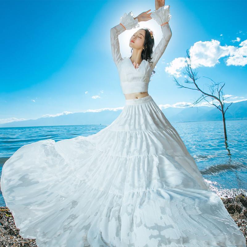 2017秋装新款女白色蕾丝连衣裙长袖两件套修身显瘦大摆长裙仙气