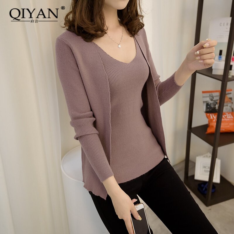 2017秋冬新款韩版时尚修身两件套针织衫开衫女秋季女吊带打底衫外套潮咖啡均码