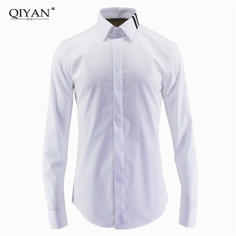 男士时尚简约纯色百搭修身型青年长袖衬衫欧洲站高端衬衣竖条杠领