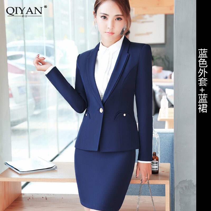 2017新款职业套装女时尚西服正装西装套裙工装工作服两件套秋冬装蓝西装+衬衣+长裤