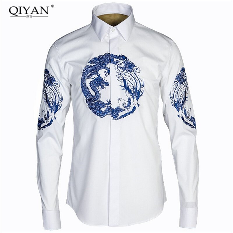 2017秋季绣花衬衫男装长袖修身显瘦青年商务休闲免烫衬衣潮牌男士衬衫白色