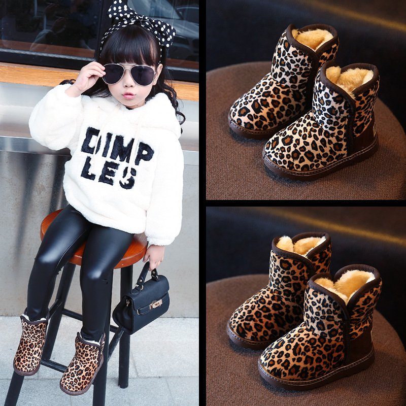 2017冬季儿童棉鞋女童鞋豹纹雪地靴男童中筒靴1-6宝宝加绒保暖鞋