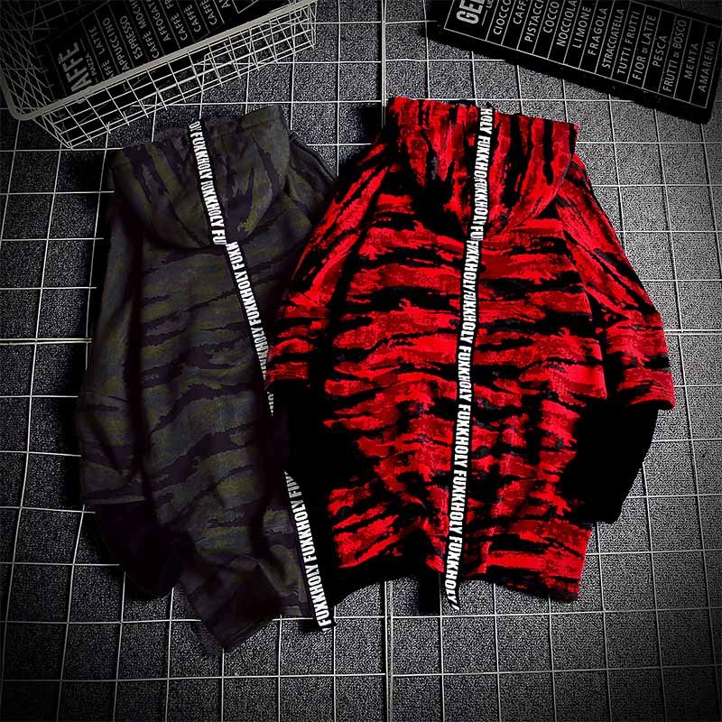 秋季迷彩修身假两件长袖外套男士大码休闲套头连帽卫衣韩版潮男装