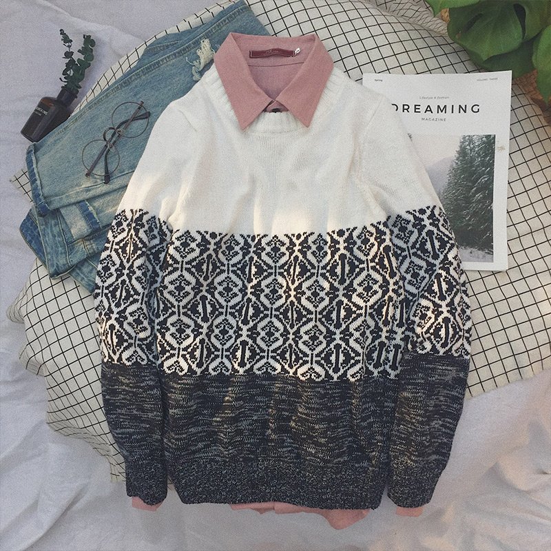 2017秋冬新款民族风男士圆领撞色提花长袖毛衣青少年休闲针织衫潮