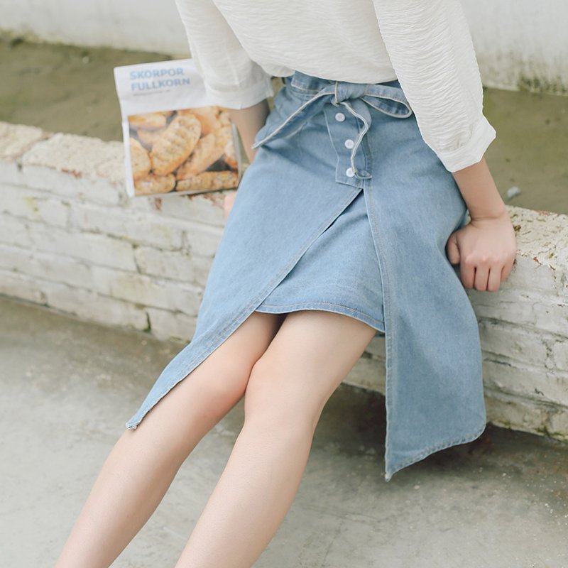 牛仔半身裙女2017韩版新款学生不规则高腰a字裙显瘦百搭裙子女秋