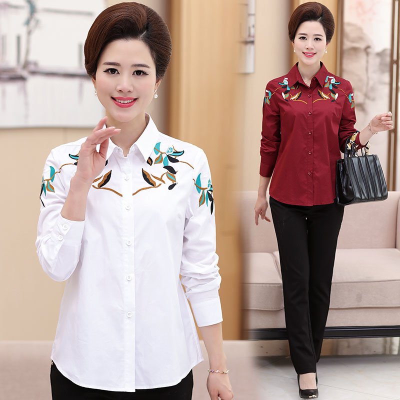 中年女装夏装上衣2017新款T恤女40-50岁中老年长袖妈妈装秋装衬衫