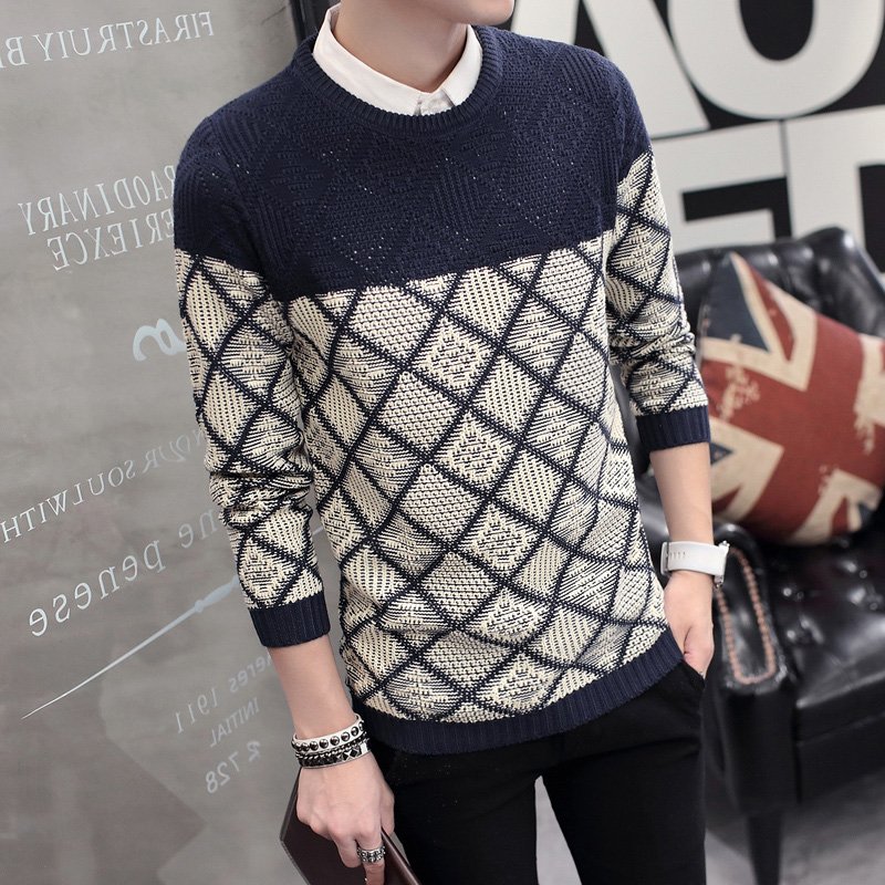 2017秋季新款韩版纯棉毛衣男式圆领套头粗毛线网格提花百搭针织衫