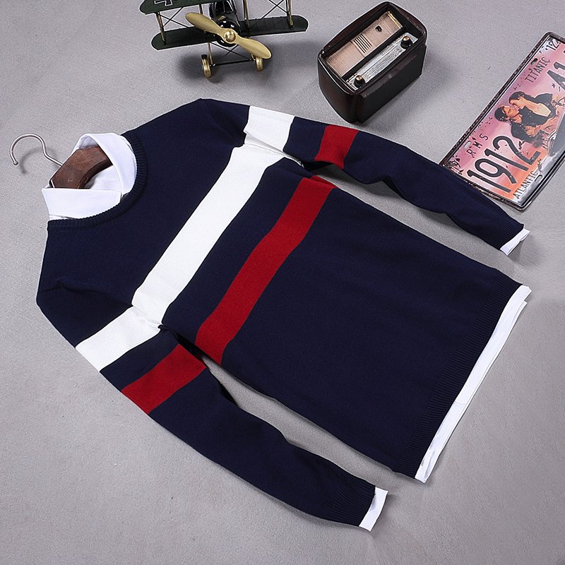 秋季新款韩版套头针织衫男圆领细毛线条纹长袖毛衣修身百搭打底衫