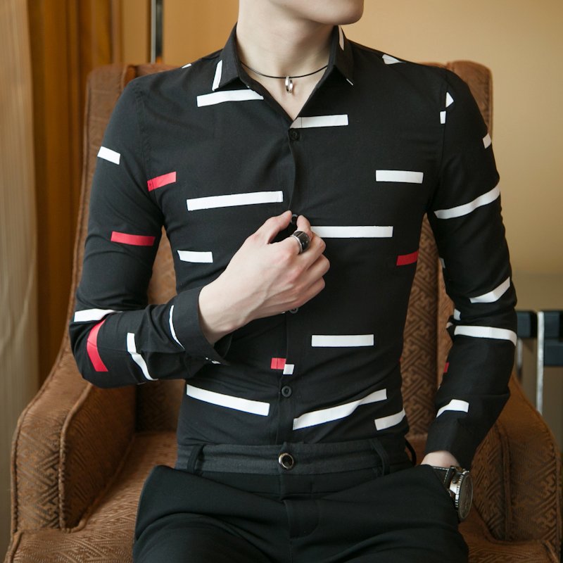 新款 男士长袖衬衫青年休闲百搭条纹印花衬衣 黑色