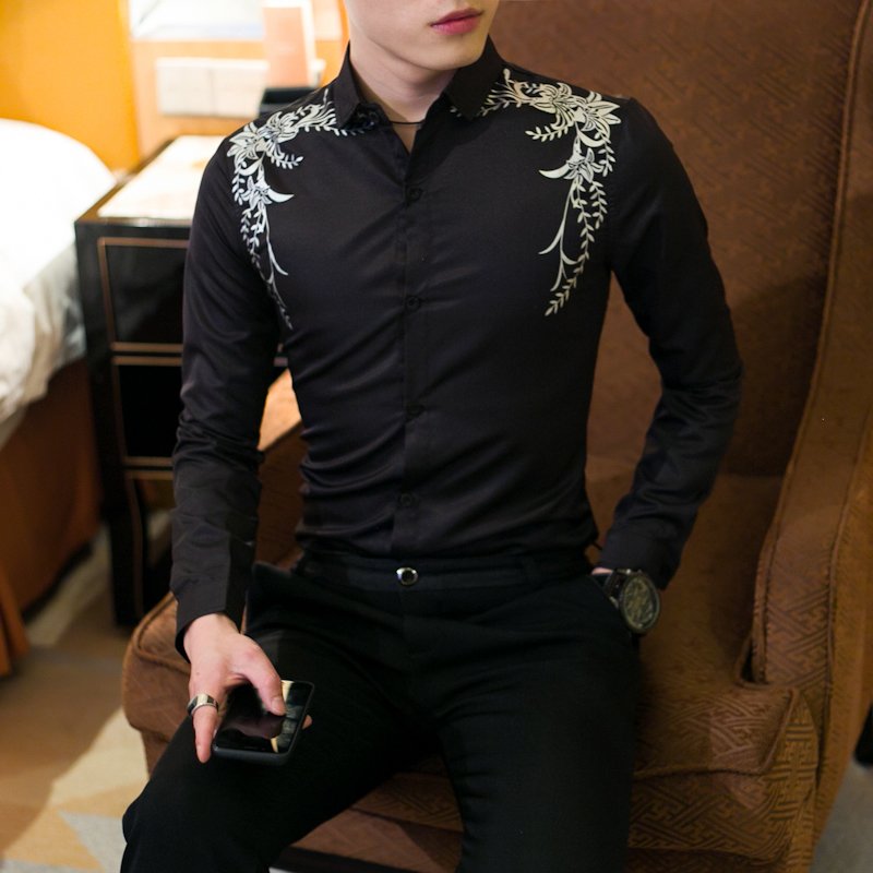 新款 帅气百搭印花衬衣修身长袖衬衫男士 黑色
