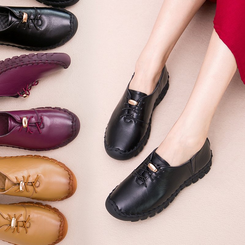 春秋季妈妈鞋真皮软底鞋舒适女鞋开车练车鞋旅游豆豆鞋女休闲单鞋