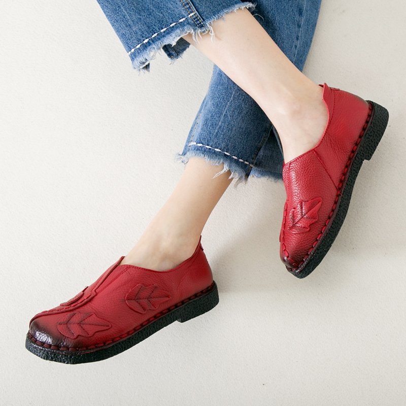 民族风女鞋真皮软底春秋百搭款防滑妈妈鞋复古手工鞋头层牛皮单鞋