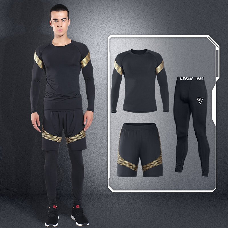 运动套装男健身服男短袖款室内健身房运动服紧身压缩衣跑步衣足球篮球服三四件套