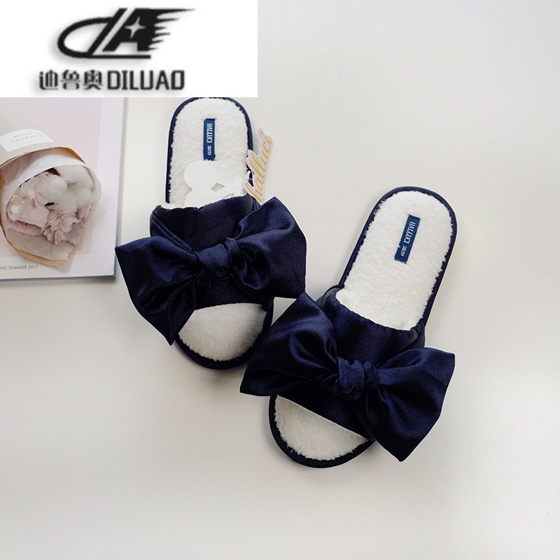 2017秋冬新款缎面大蝴蝶结雪花绒鱼口冬季家居室内防滑棉拖鞋包邮