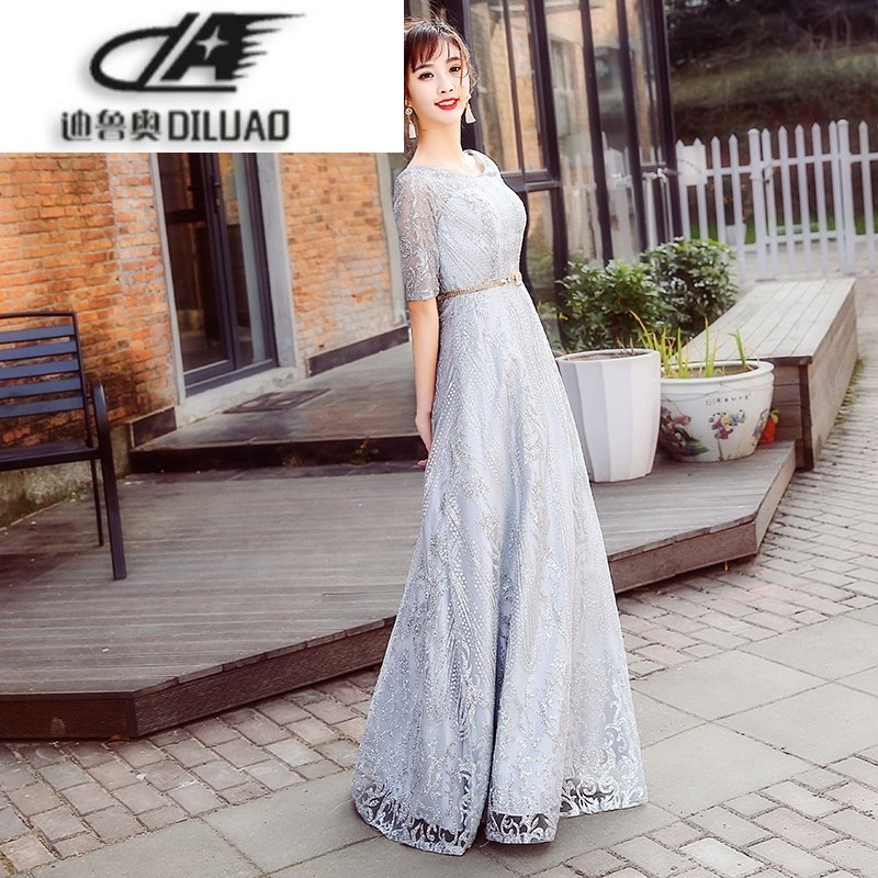 姐妹团伴娘礼服女2017新款韩版夏 主持人女银灰色连衣裙优雅长款