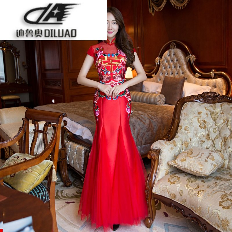 敬酒服新娘2017新款红色长款复古改良修身显瘦旗袍鱼尾结婚晚礼服