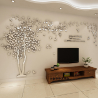 舒厅创意家居 3D亚克力立体墙贴幼儿园客厅卧室沙发电视背景墙装饰贴饰 镜面银树在左 大号3米*1.5米
