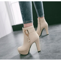 CAETIENT2017秋冬超高跟粗跟防水台短靴子女韩版皮带扣拉链串珠马丁靴单靴裸靴