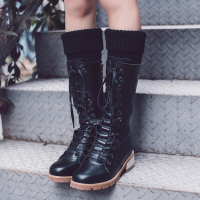 CAETIENT2017秋季新款手工女靴中筒靴牛皮保暖绒里粗跟中跟测拉链系带女靴潮款