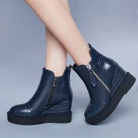 CAETIENT2017秋冬新款增高短靴女真皮厚底坡跟时尚百搭马丁靴侧拉链骑士靴短筒女靴子潮