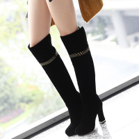 CAETIENT2017秋季新款手工超高跟女鞋水钻胶粘鞋新款长筒粗跟骑士靴日系圆头磨砂靴子黑色